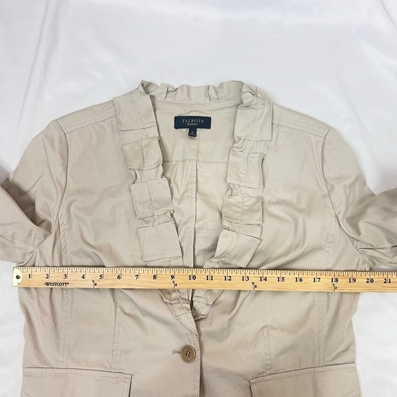 Talbots Blazer Vintage Women’s 12 Khaki Long Sleeve Pocket Front Ruffle New Y2K - Picture 11 of 12